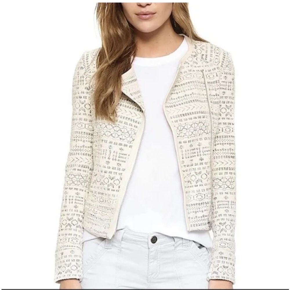 JOIE Pattyn Jacquard Tweed Moto Jacket Cream Ivory Cropped Motorcycle